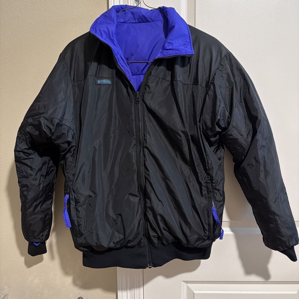 Vintage Columbia Puffer Jacket Men's L Black/Blue Down Winter Reversible